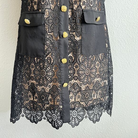 Peekskill Black Lace Collared Mini Dress Women's S Sheer Lined Button Front - Picture 5 of 8